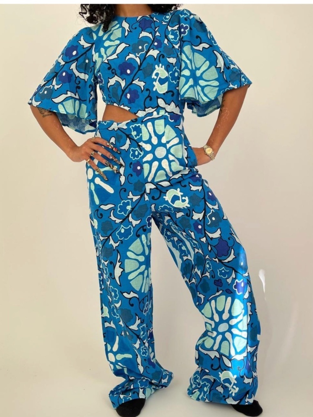 RHODE Target Blue Floral Print Jumpsuit Cut out Floral Size XS Linen Blend